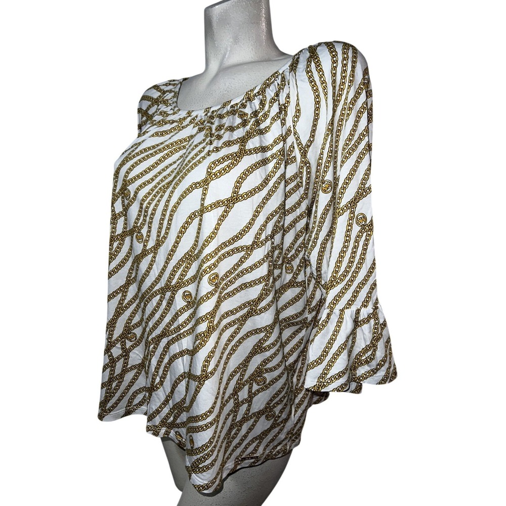 Michael Kors Womens Size XL White Gold Chain Link Logo Ruffle Sleeve Blouse Top - Picture 4 of 6